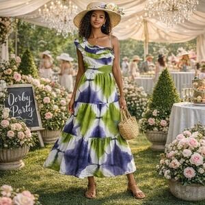 Busayo Collective Tie Dye Maxi Dress Ruffle One Shoulder Tiered 8 Resort Derby